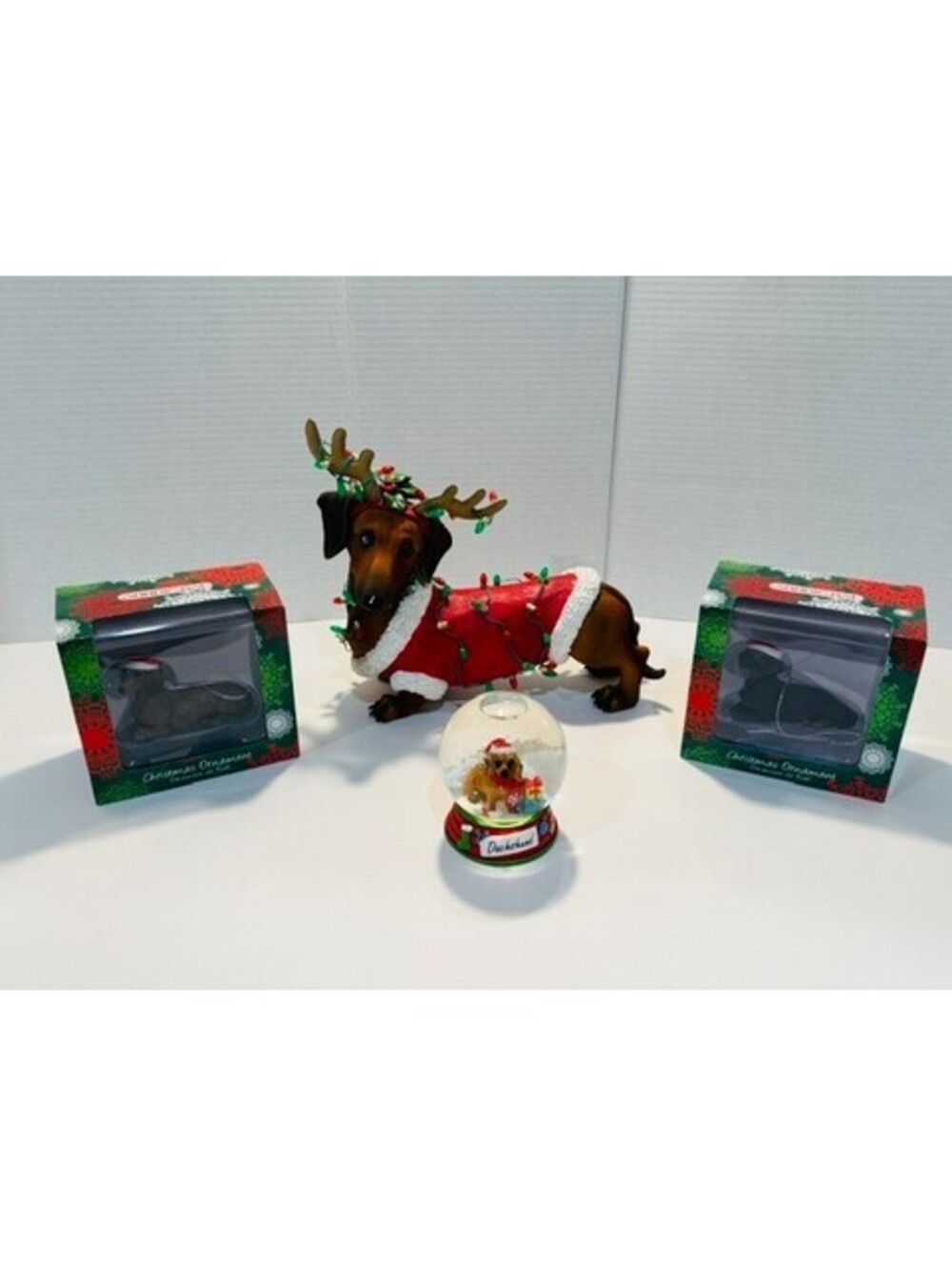 Christmas Dachshund Lot Sandicast Ornaments Reindeer Antler Figurine Snow Globe